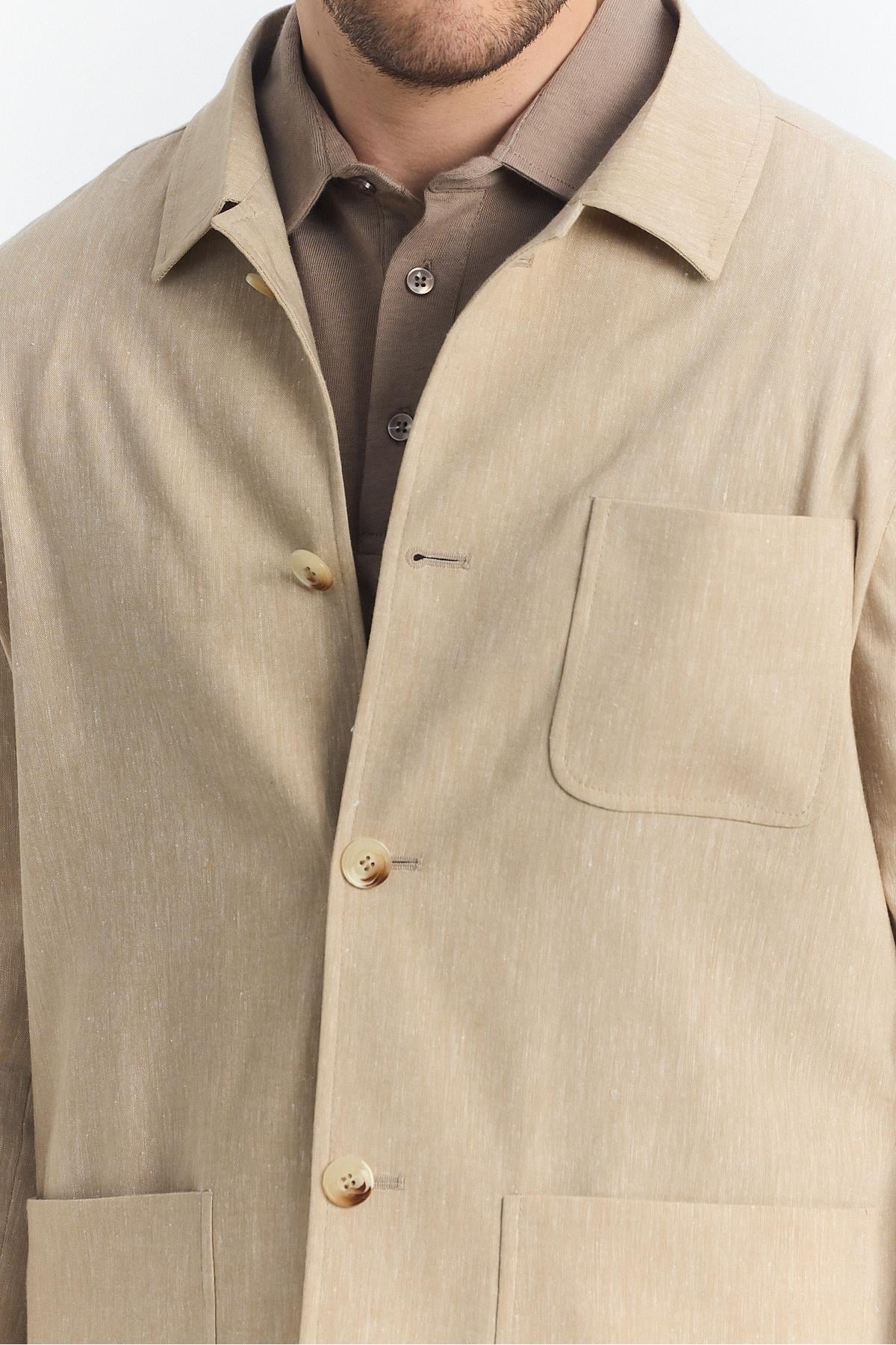 Zevos Erkek Camel Keten Karışımlı Overshirt Baharlık Ceket Yeni Sezon