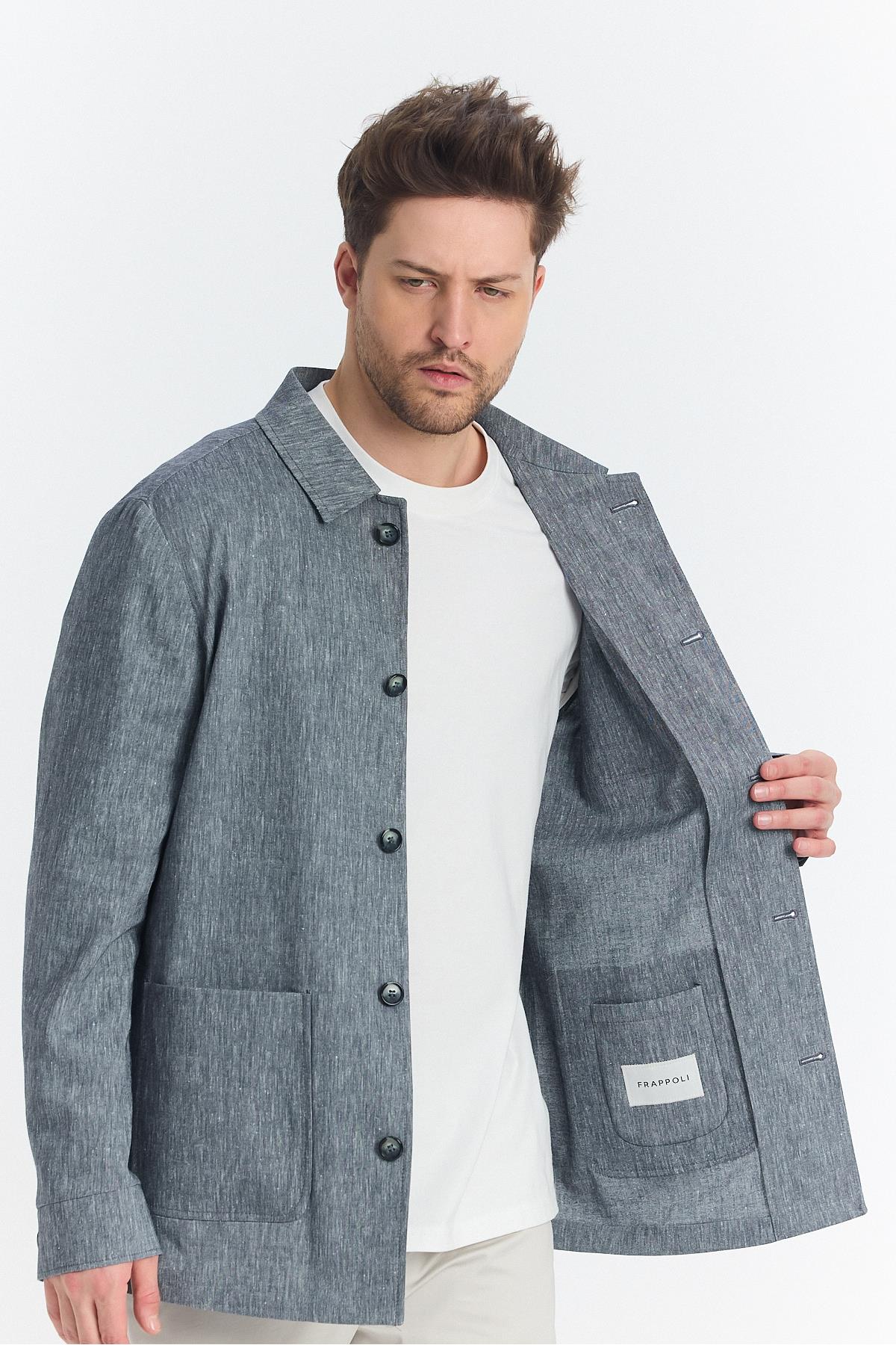 Zevos Erkek Koyu Lacivert Keten Karışımlı Overshirt Baharlık Ceket Yeni Sezon