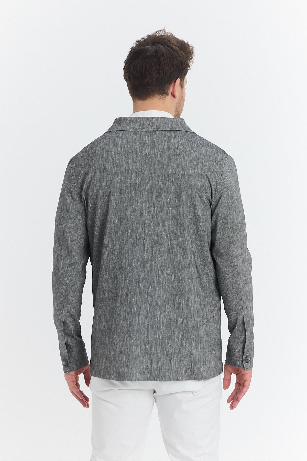 Zevos Erkek Siyah Keten Karışımlı Overshirt Baharlık Ceket Yeni Sezon