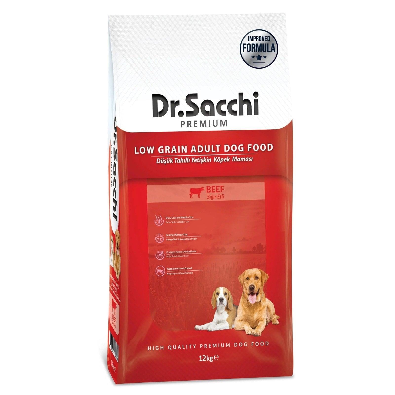 Dr.Sacchi Düşük Tahıllı Sığır Etli Yetişkin Köpek Maması 12kg+GimCat Malt Soft Extra 100 gr Hediyeli!