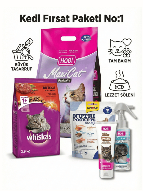 Kedi Fırsat Paketi No:1 - Whiskas 3.8kg, Gimcat Ödül ve Hobi Bakım Seti (5 Parça)
