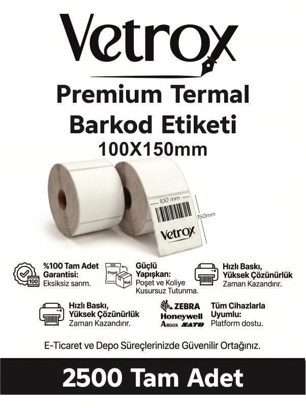 VETROX 1.KALİTE TERMAL BARKOD ETİKETİ 100X150 mm 2500 Adet-TAM ADET