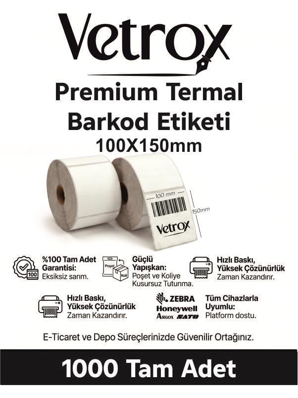 VETROX 1.KALİTE TERMAL BARKOD ETİKETİ 100X150 mm 1000 Adet-TAM ADET