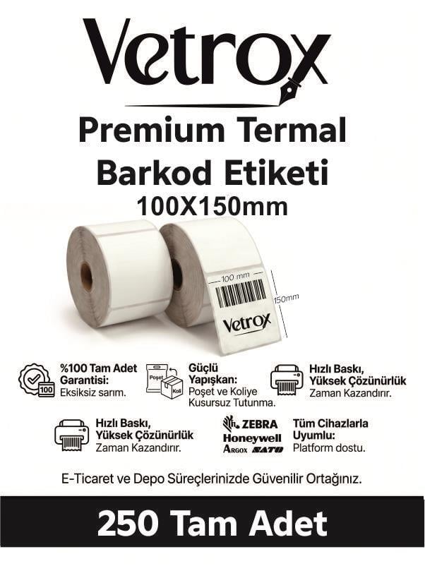 VETROX 1.KALİTE TERMAL BARKOD ETİKETİ 100X150 mm 250 Adet-TAM ADET