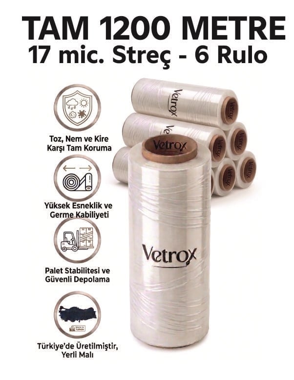 Vetrox Premium 17 Mikron Streç Film - 1200 METRE tam metraj-6-rulo-Ambalaj ve Paketleme Streci
