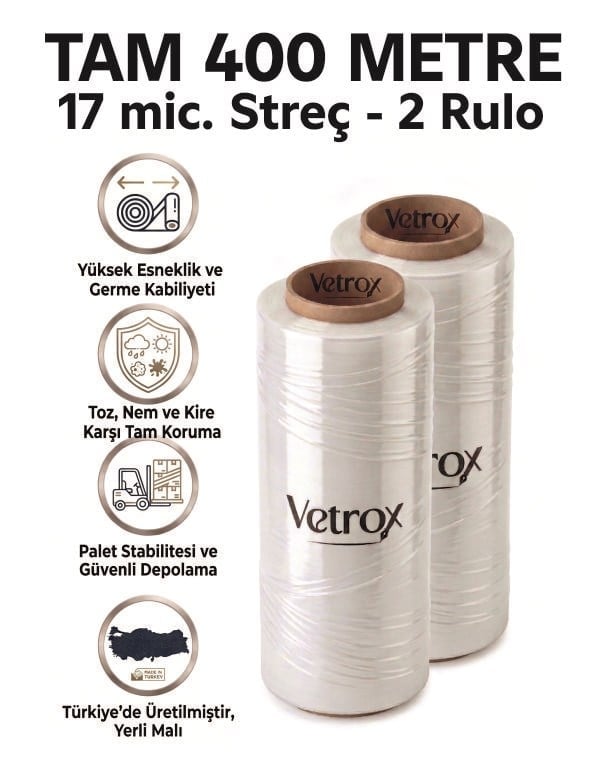 Vetrox Premium 17 Mikron Streç Film - 400 METRE tam metraj-2-rulo-Ambalaj ve Paketleme Streci