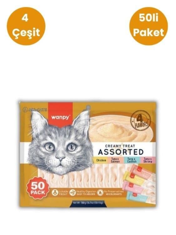 Wanpy 4 Çeşit Karışık Krema Kedi Ödülü 50 x 14 Gr