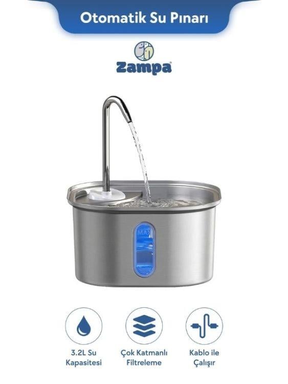 Zampa SPF-07-C Kare Paslanmaz Çelik Pet Otomatik Su Pınarı Bataryalı 2.8 Litre