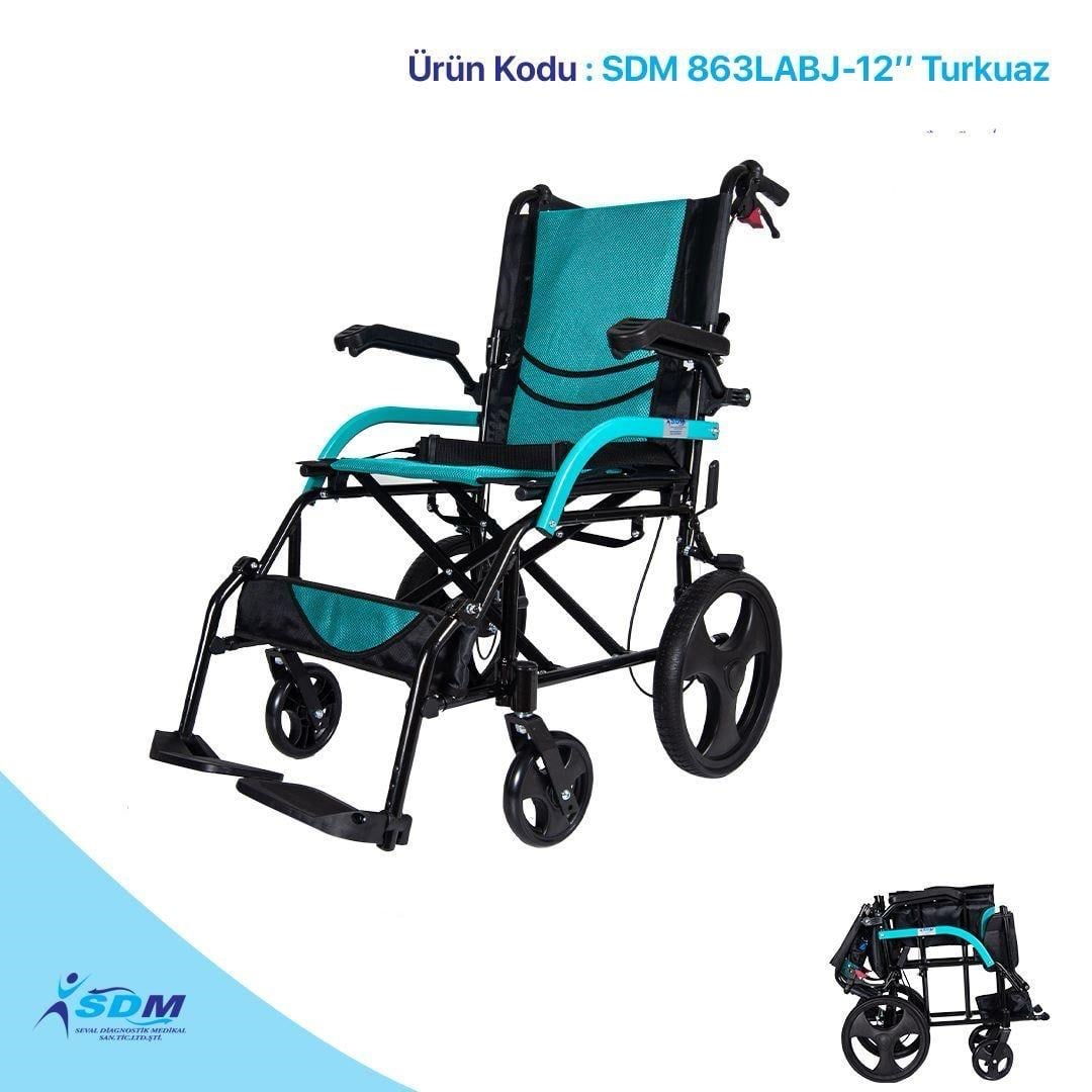 SDM863LABJ-12'' Alüminyum Refakatçı Tekerlekli Sandalye 12'' İnç (TURKUAZ)