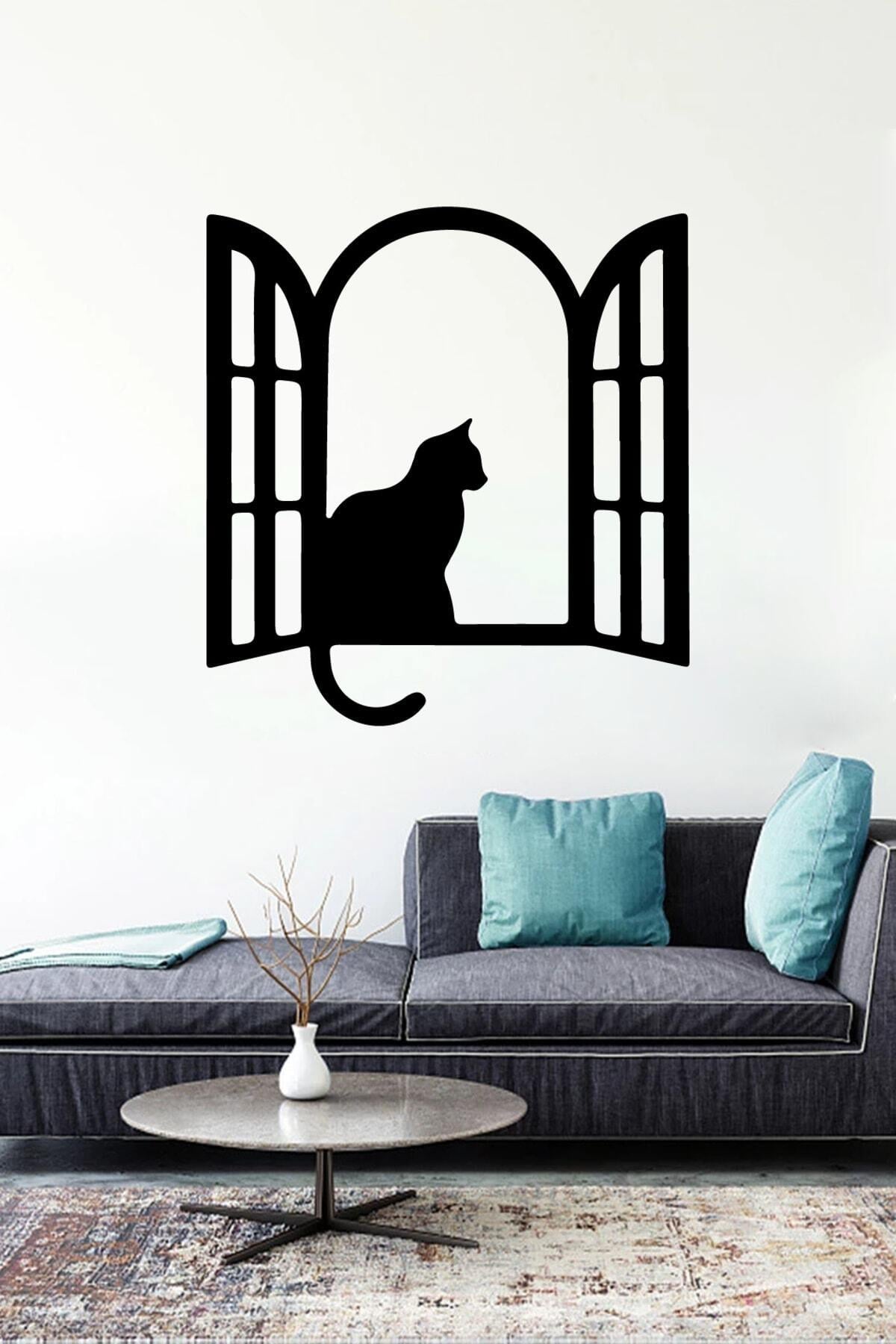Çift Açılır Penceredeki Kedi Duvar özel yeni sticker Yapıştırma (SUDAN VE NEMDEN ETKİLENMEZ)