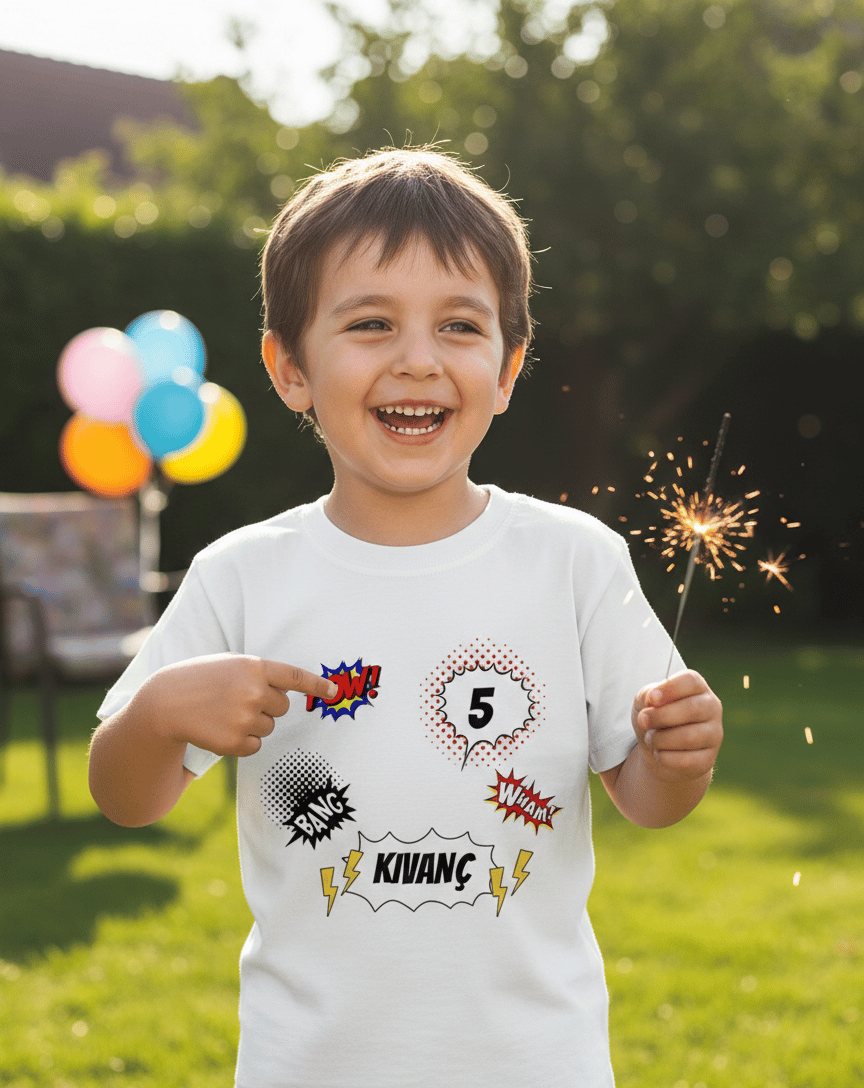 Kişiye Özel Comic Boom Tasarımlı Pamuklu Çocuk Tişörtü