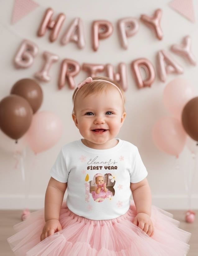 Kişiye Özel Fotoğraflı & İsimli Bebek Body / Tişört - İlk Yaş Günüm Serisi