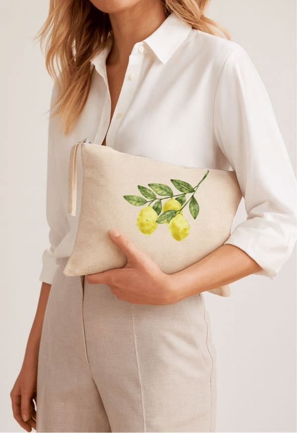 Limon Desenli Doğal Keten Clutch / Portföy Çanta