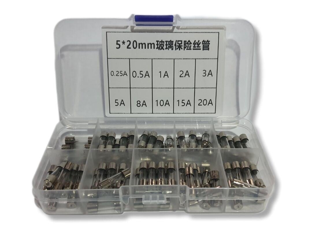 5*20 Cam Sigorta Seti Kutulu 10 Çeşit (250mA-20A) Toplam 100 Adet (250V)