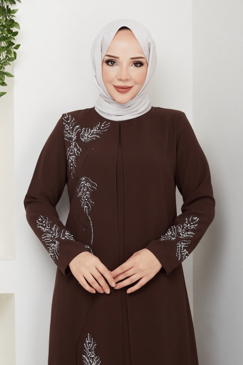 Büyük Beden Yaprak Taşlı Anne Elbisesi En7008