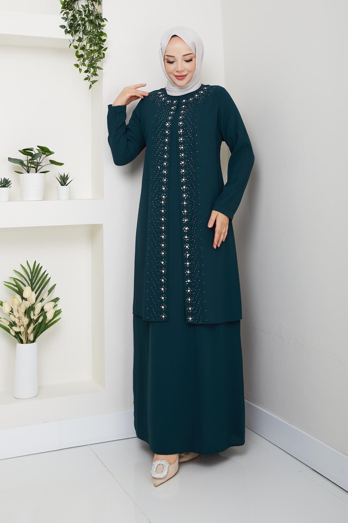 Papatya Taşlı Büyük Beden Anne Elbisesi