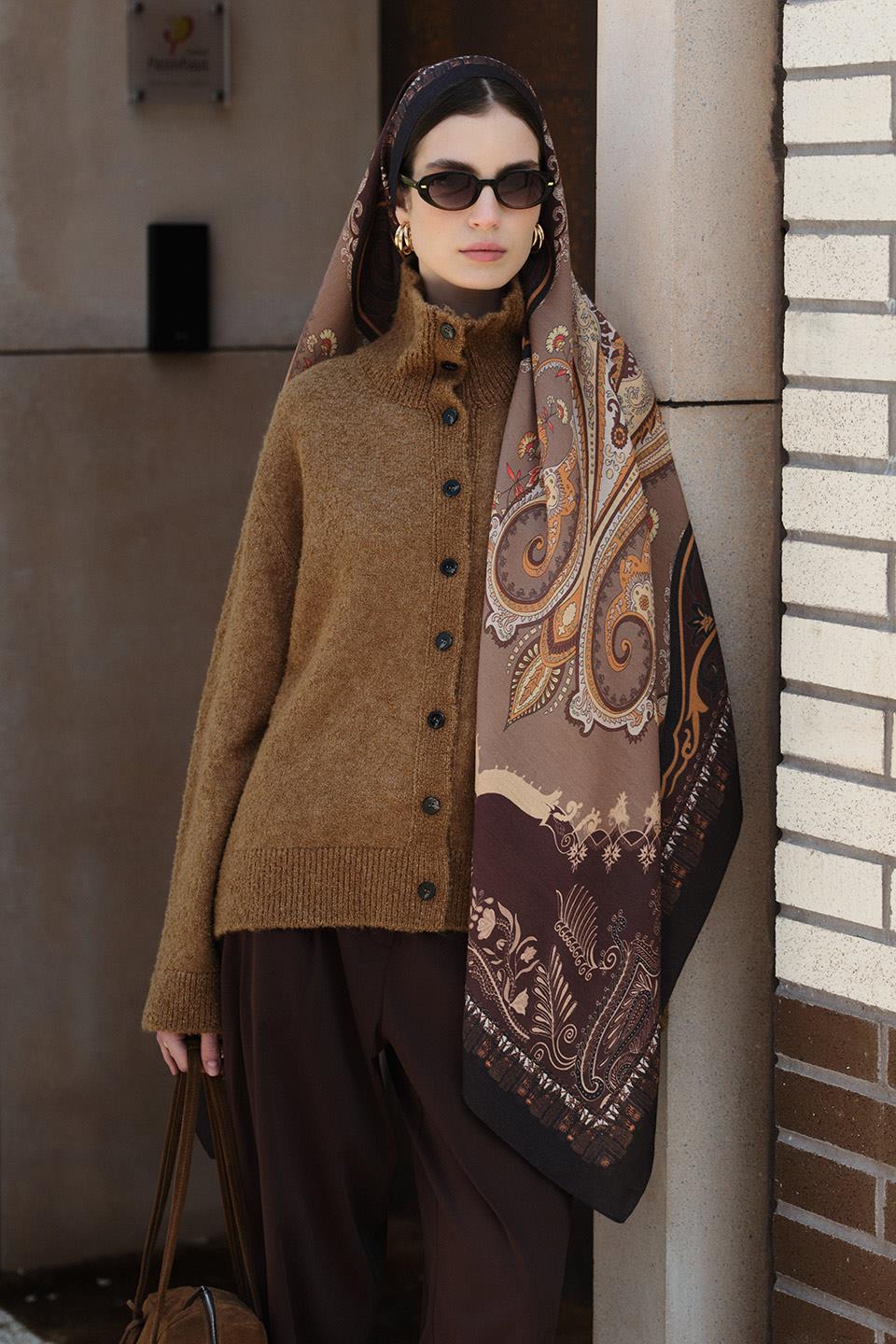Acı Kahve Bloom Paisley Yün İpek Şal