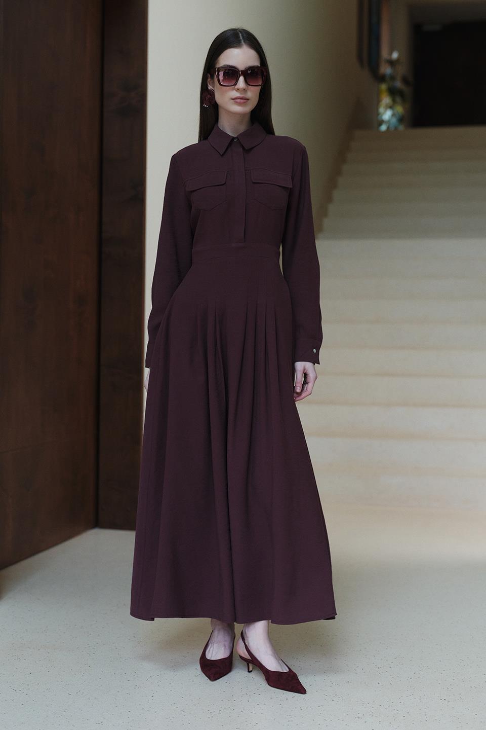 Bordo Camille Pile Detaylı Elbise