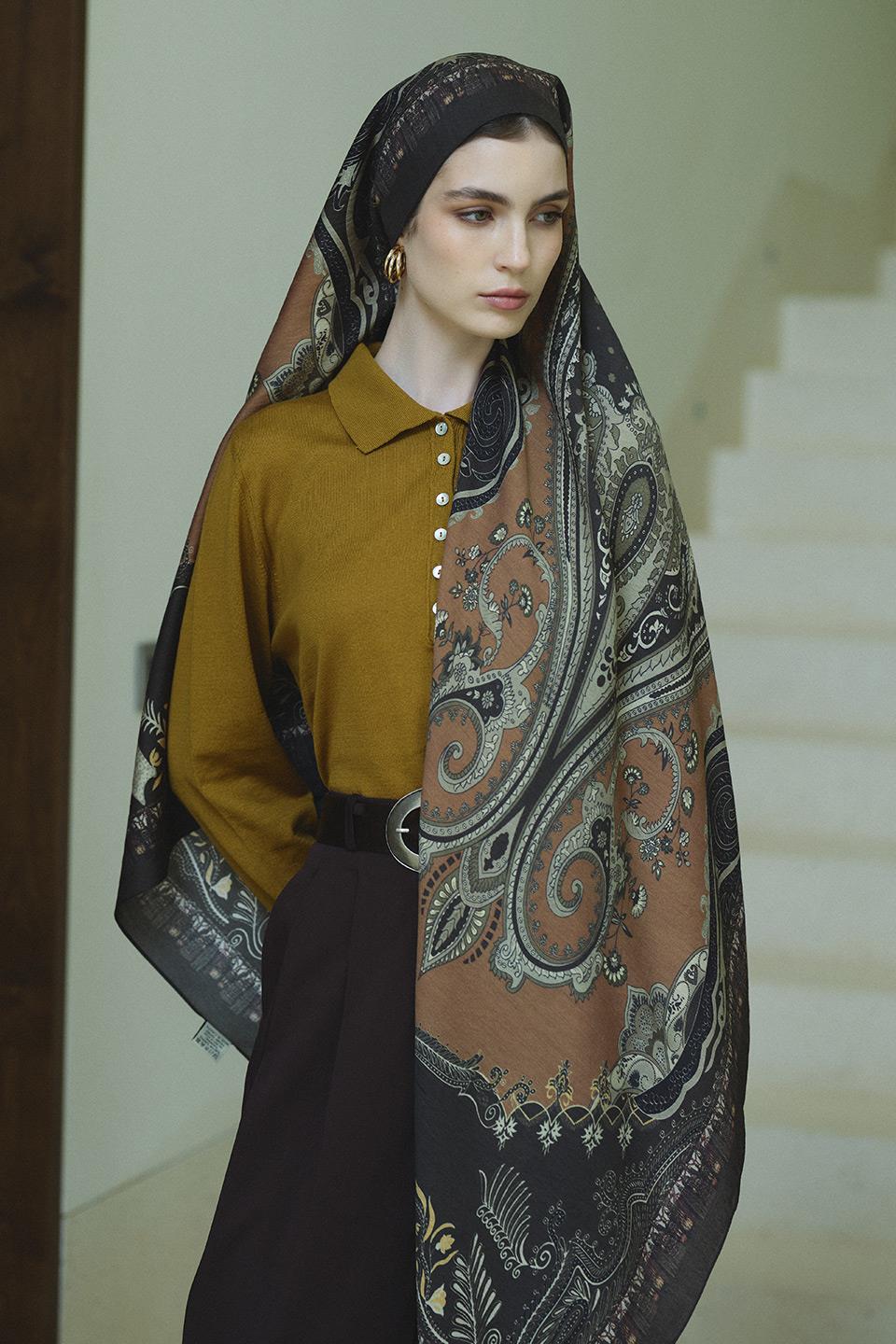 Haki Bloom Paisley Yün İpek Şal