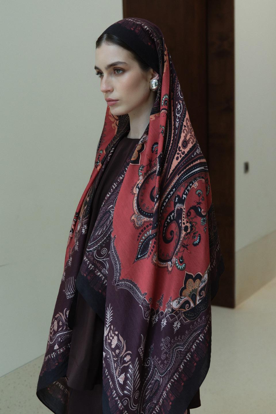 Mürdüm Kahve Bloom Paisley Yün İpek Şal