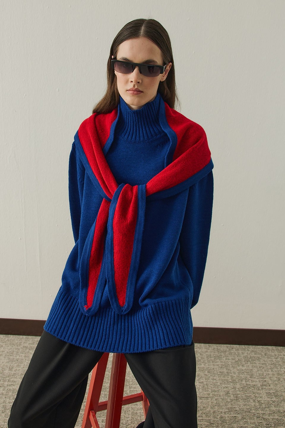 Saks Mavi Arden Oversize Boğazlı Triko Kazak
