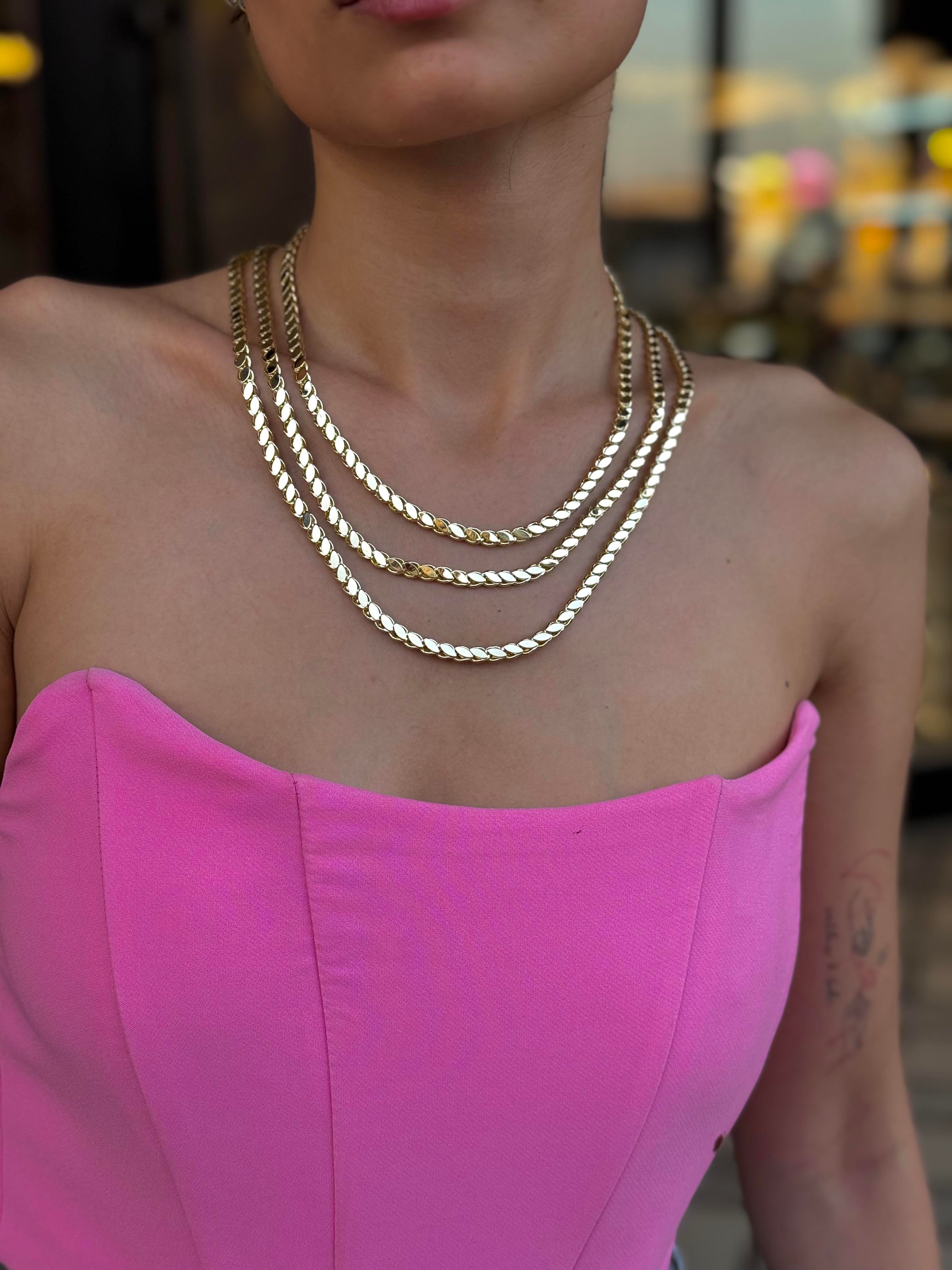 14K Altın Işıltılı Pullu Arpa Kolye (60 cm)