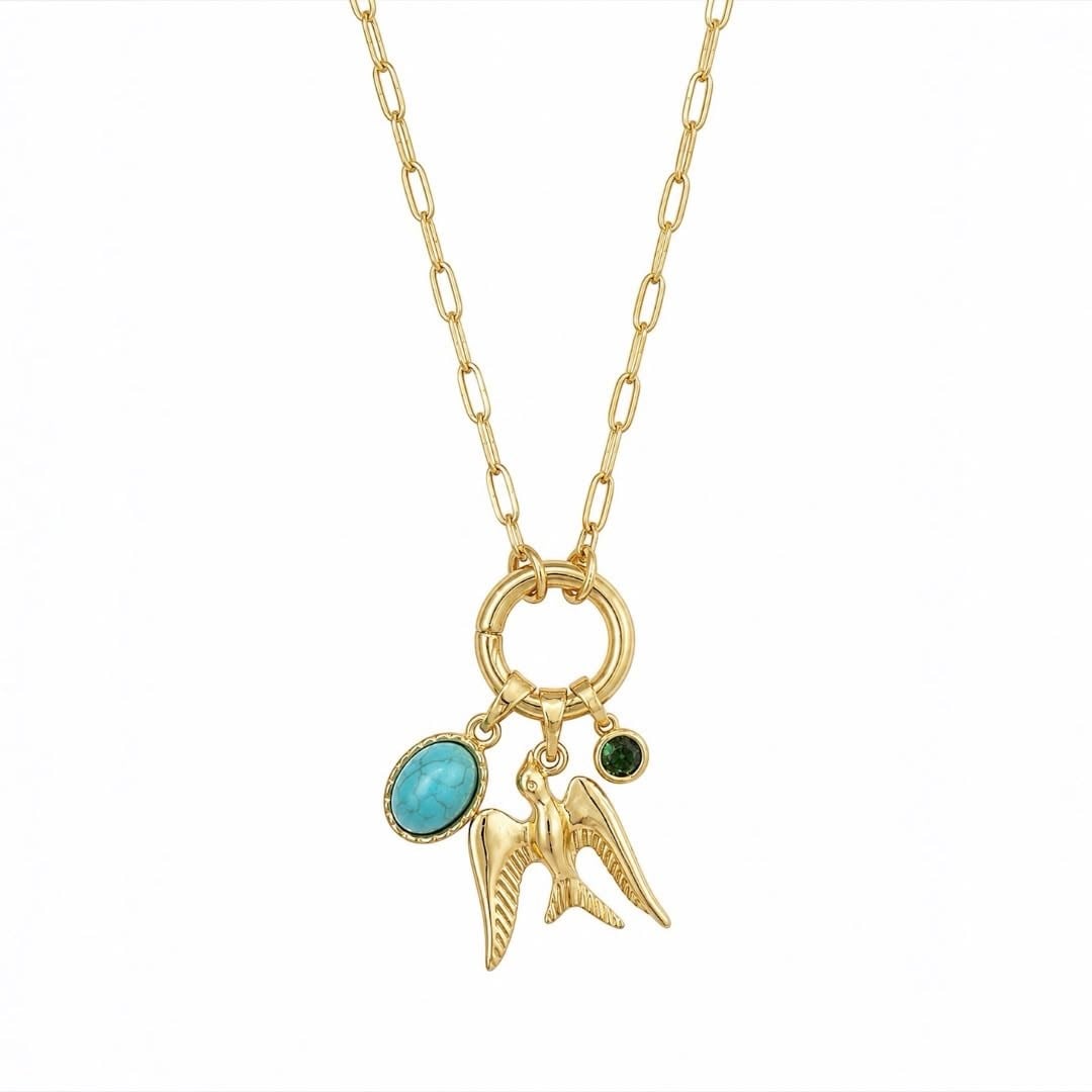 14K Gold Turkuaz Taşlı Kuş Charm Kolye