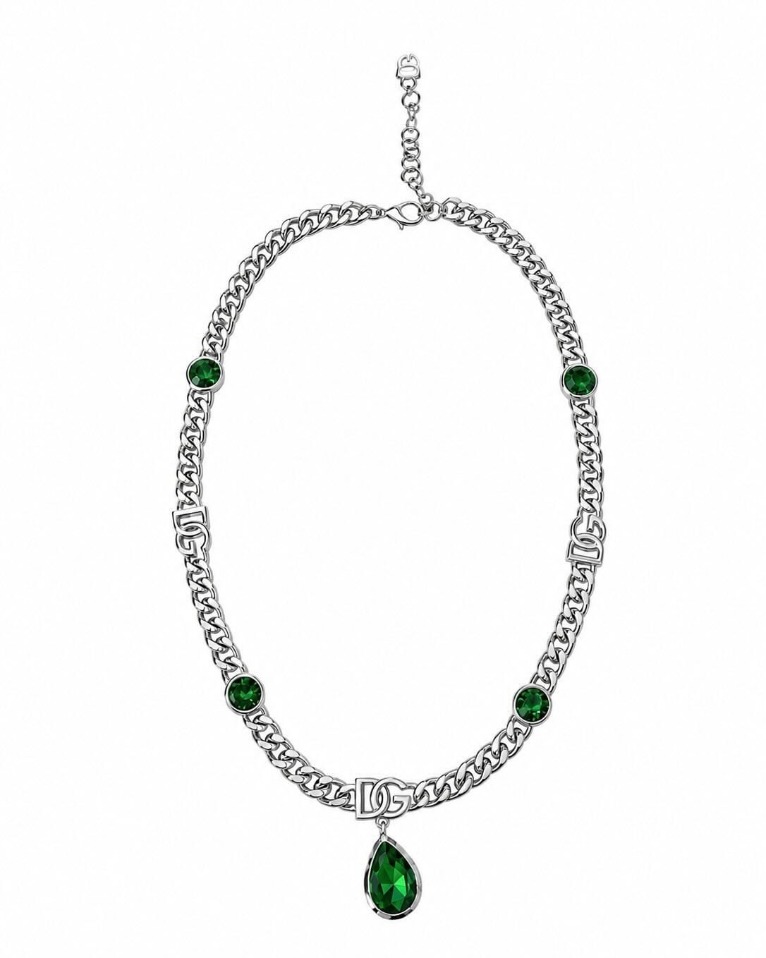 Yeşil Damla Taşlı Logolu Choker Kolye