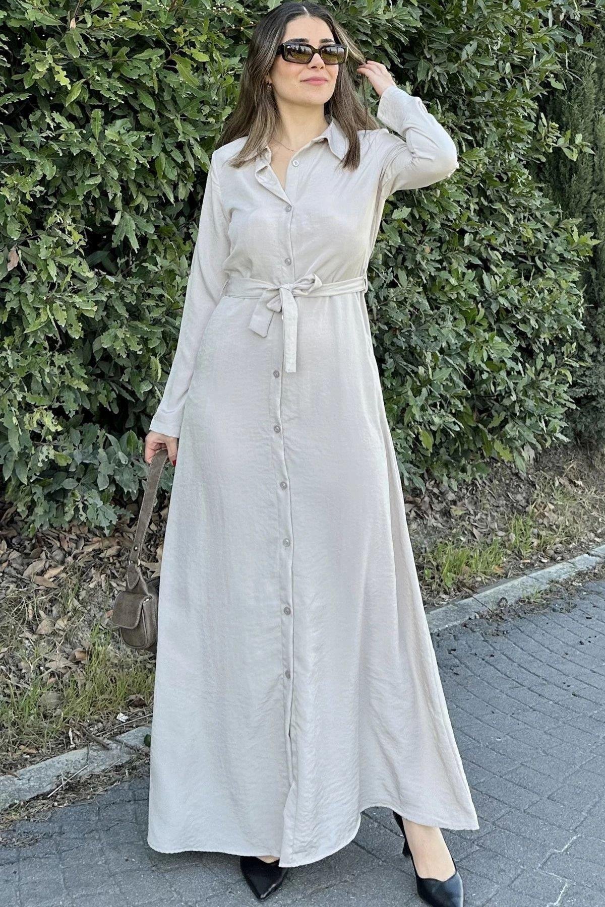 Kadın Bej Uzun Elbise - 700-3576