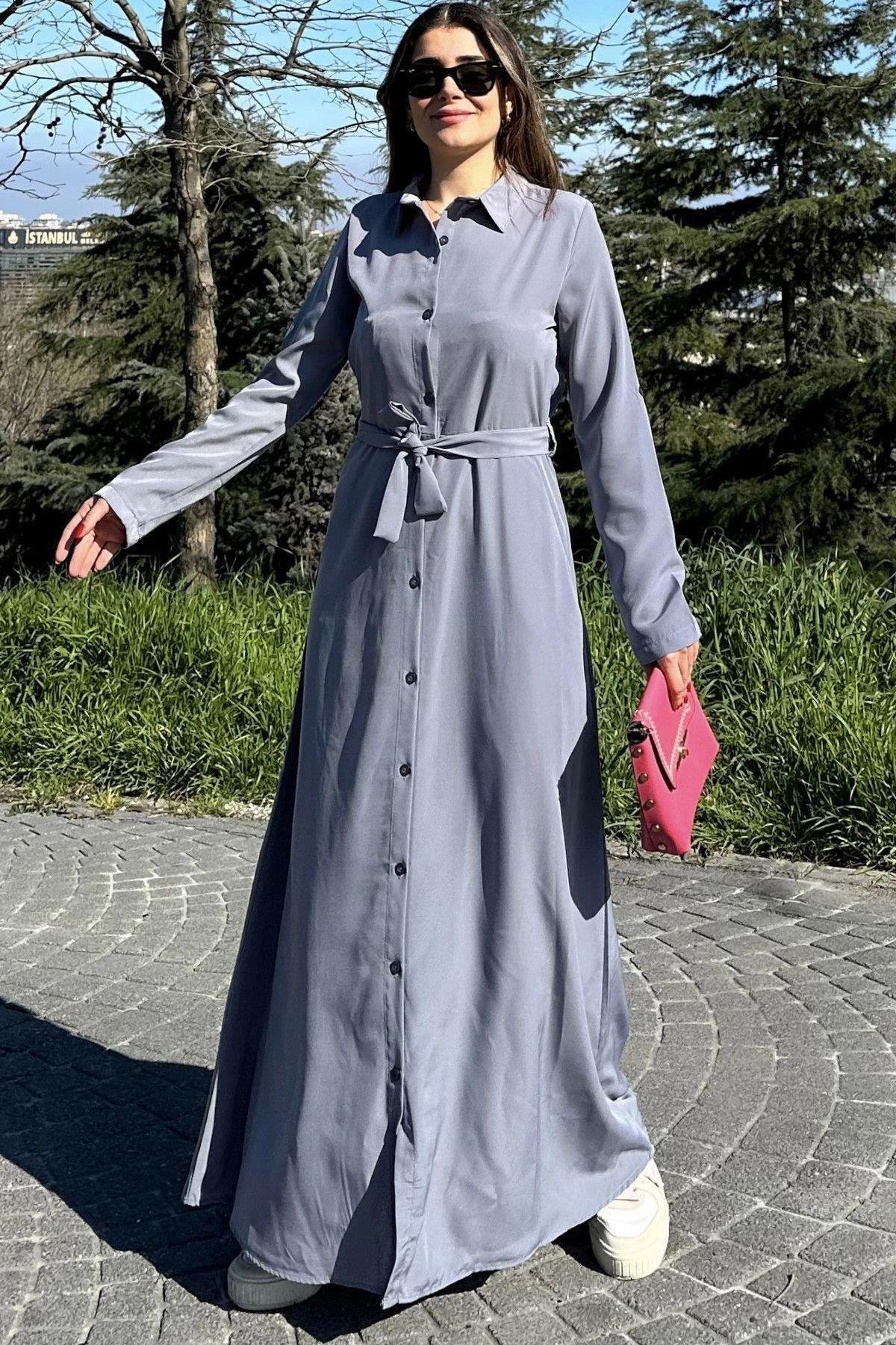 Kadın Gri Uzun Elbise - 700-3576