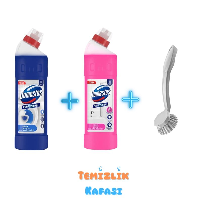 Domestos Professional Banyo ve Tuvalet Hijyen Seti - Asidik Tuvalet Temizleyici 750 ml + Asidik Banyo Temizleyici 750 ml + Titiz Temizlik Fırçası