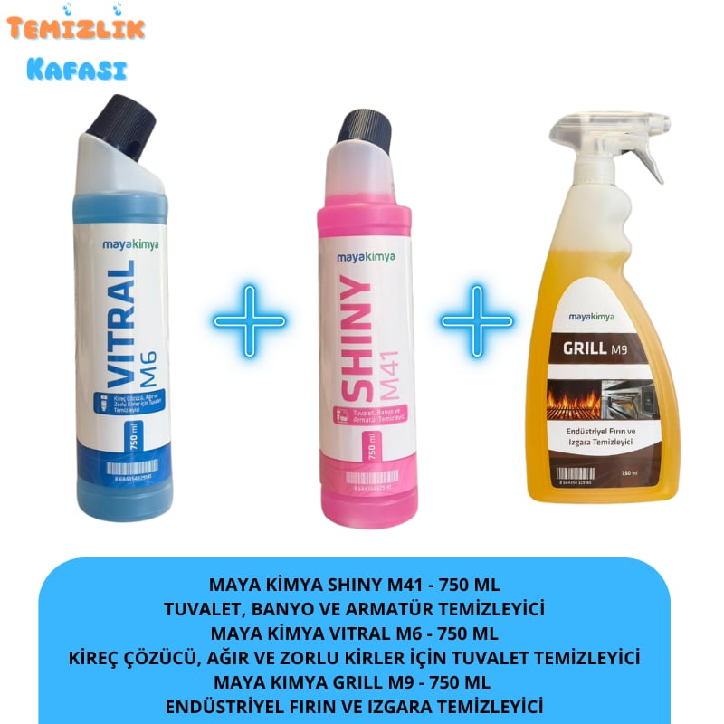 Maya Kimya Profesyonel Temizlik Seti 3'lü | Vitral M6 + Shiny M41 + Grill M9 | 750 ml x 3