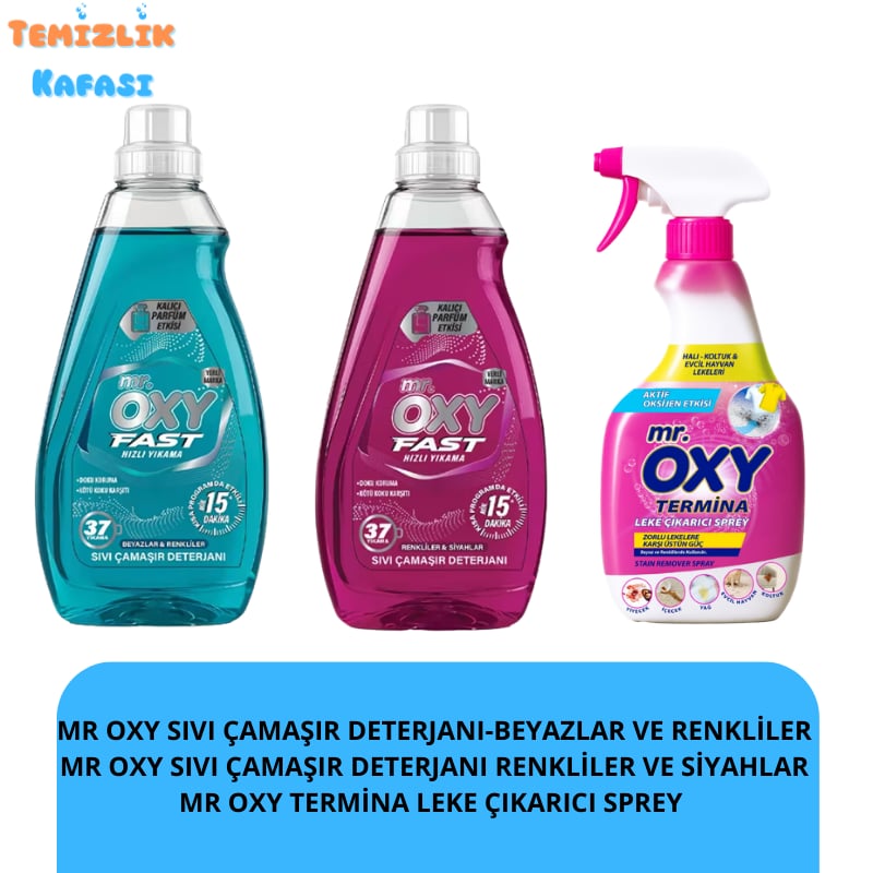 Mr. Oxy Hijyen Seti - Sıvı Çamaşır Deterjanı (Beyaz/Renkli + Siyah) & Termina Leke Çıkarıcı Sprey