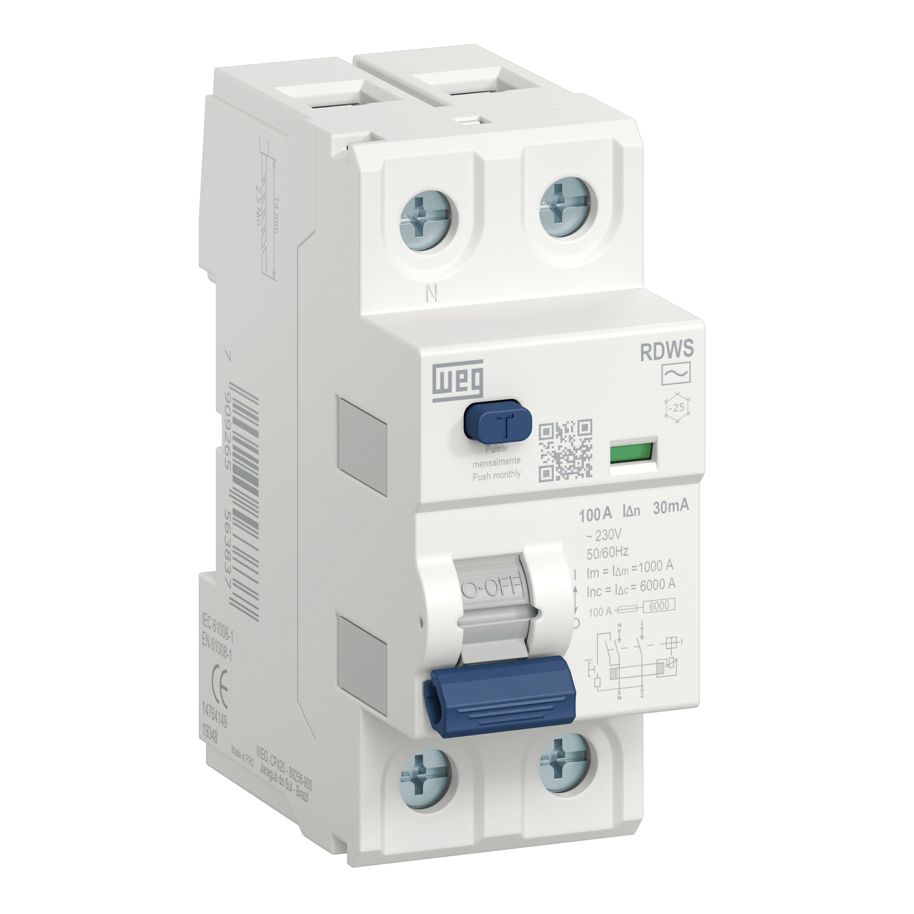RDWS-AC-30-40-2-D24 1P+N, 40A, 30mA, (6kA), AC Tipi, Monofaze Kaçak Akım Rölesi 