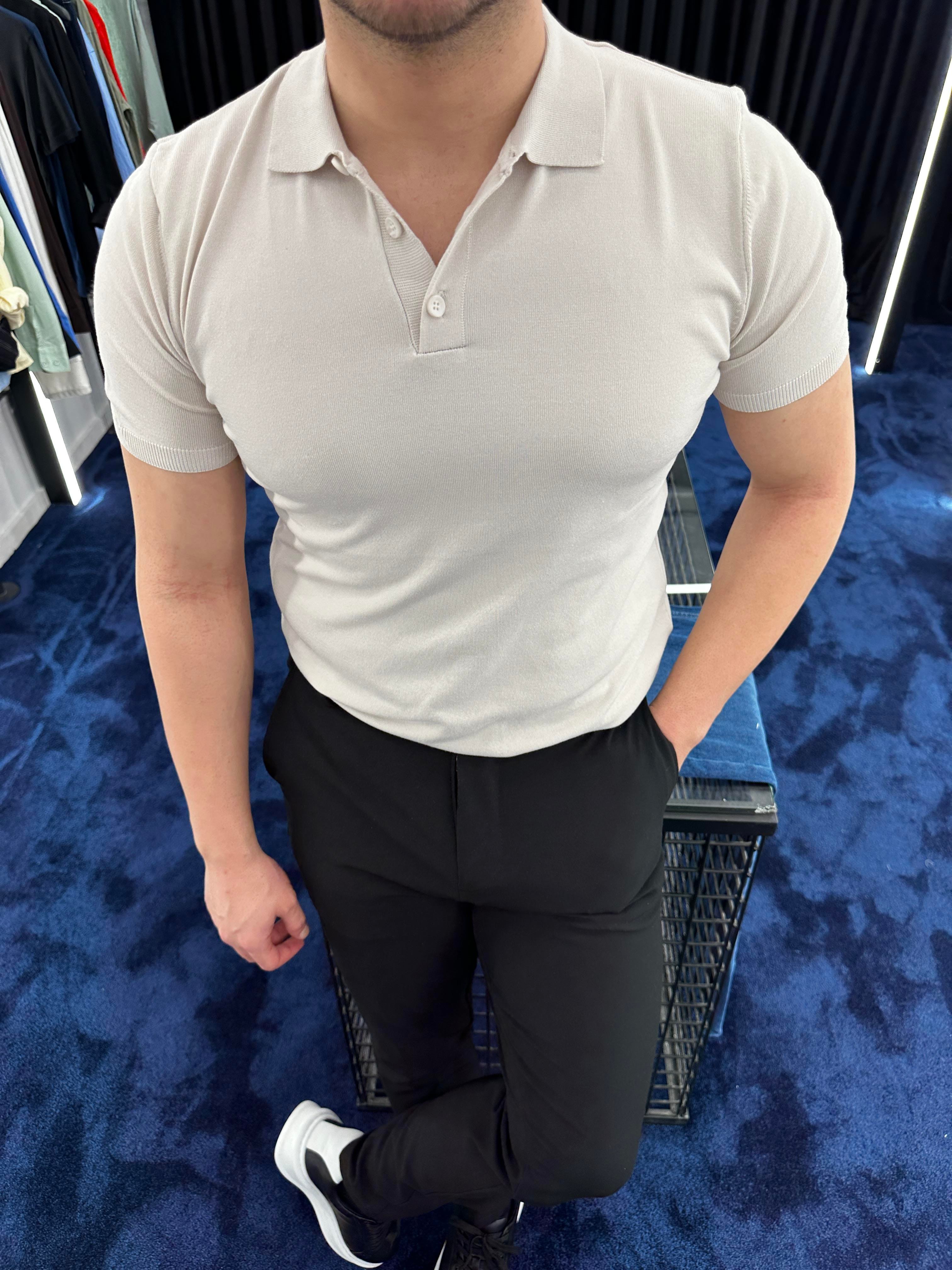 Bej Polo Yaka  Düğmeli Kısa Kol T-Shirt