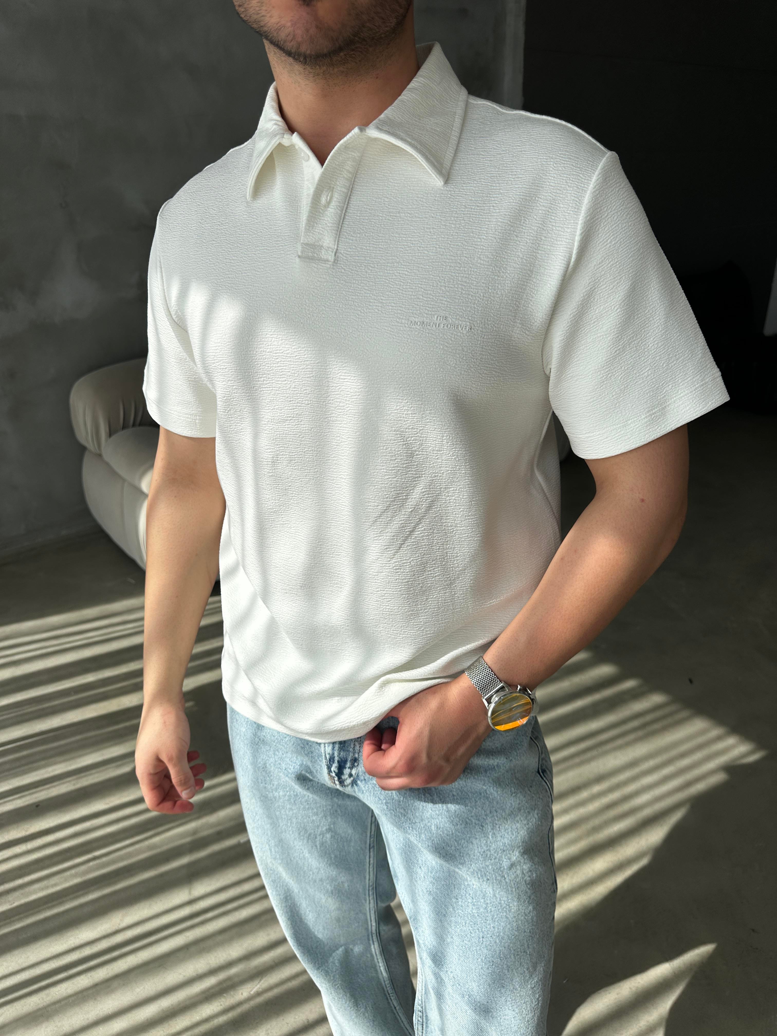 Beyaz Oysho Minimal Baskılı Polo Yaka