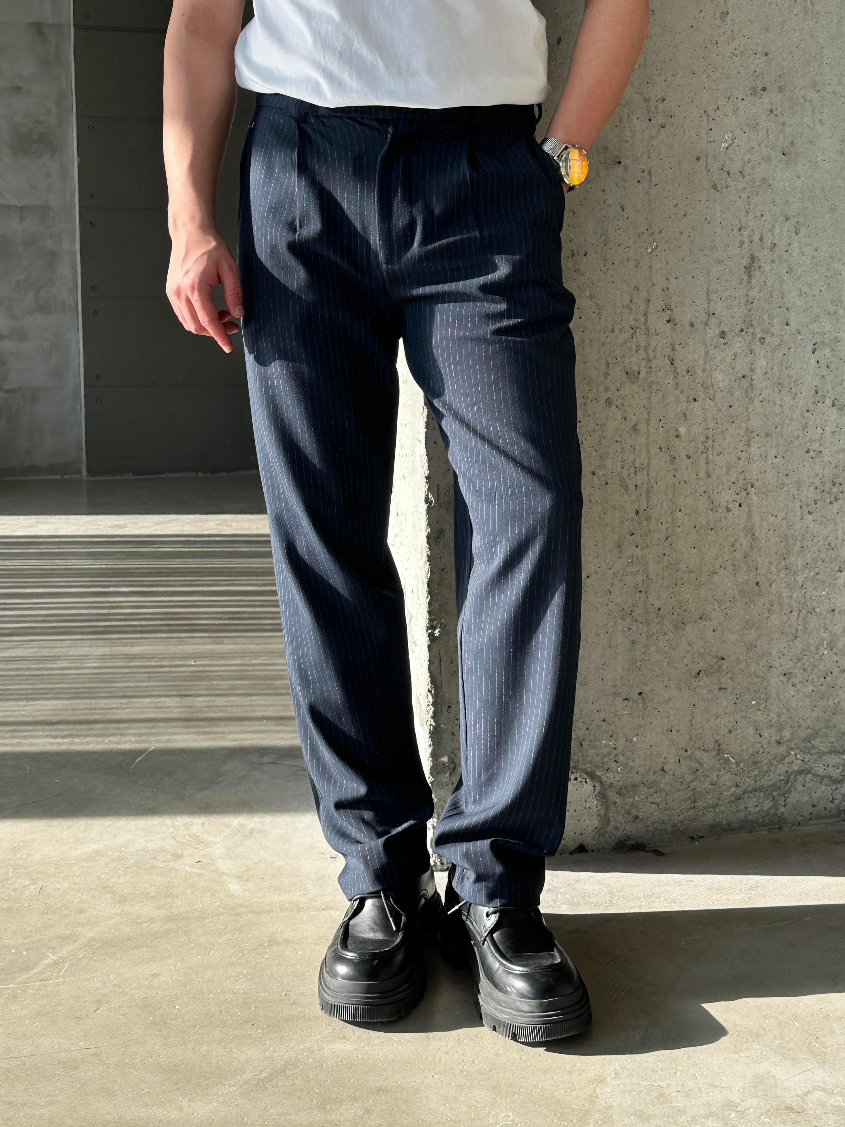 Lacivert Çizgili Zara Kumaş Baggy Pantalon
