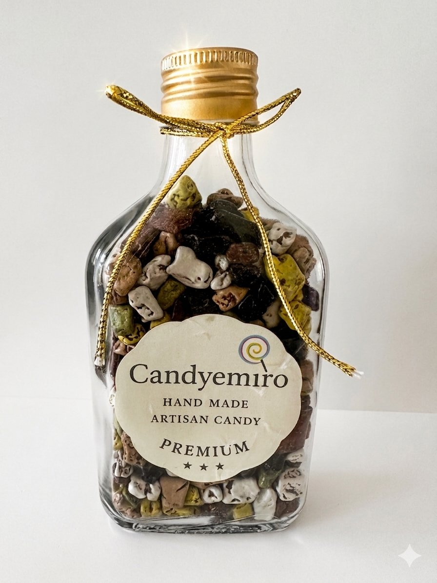Candyemiro Safir Serisi: Artisan El Yapımı Çakıl Taşı Çikolata Şişesi