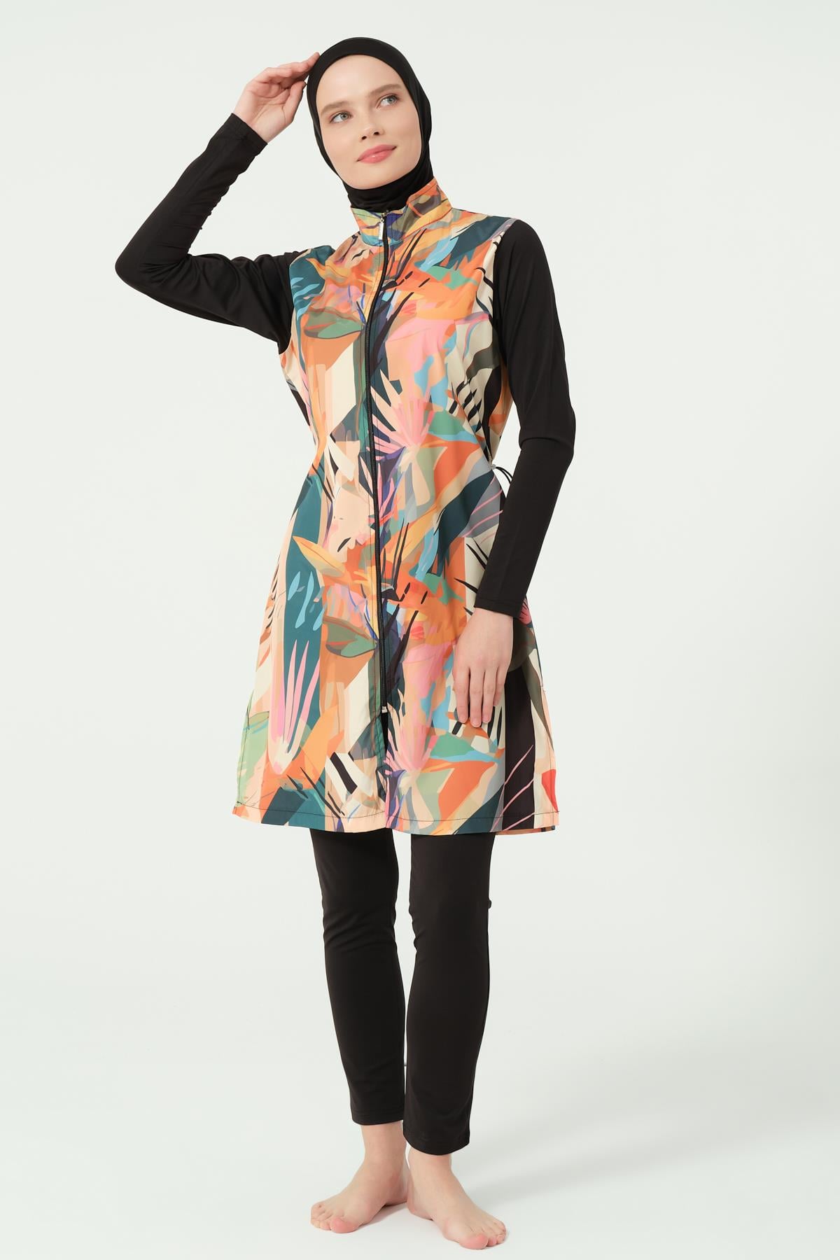 Doğa Desenli Tesettür Mayo Siyah