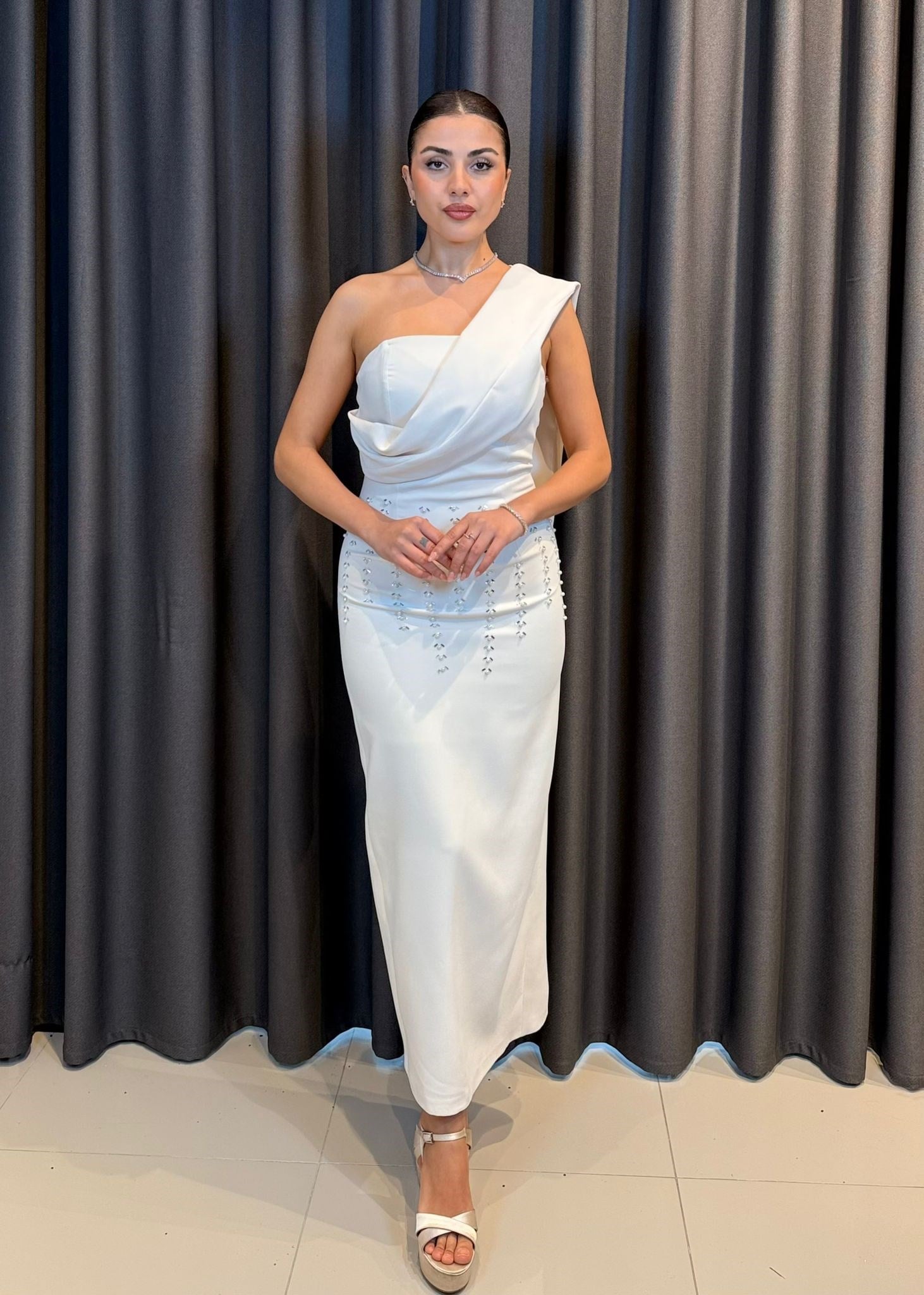 Ekru Tek Omuz Kristal İşlemeli Drape Abiye