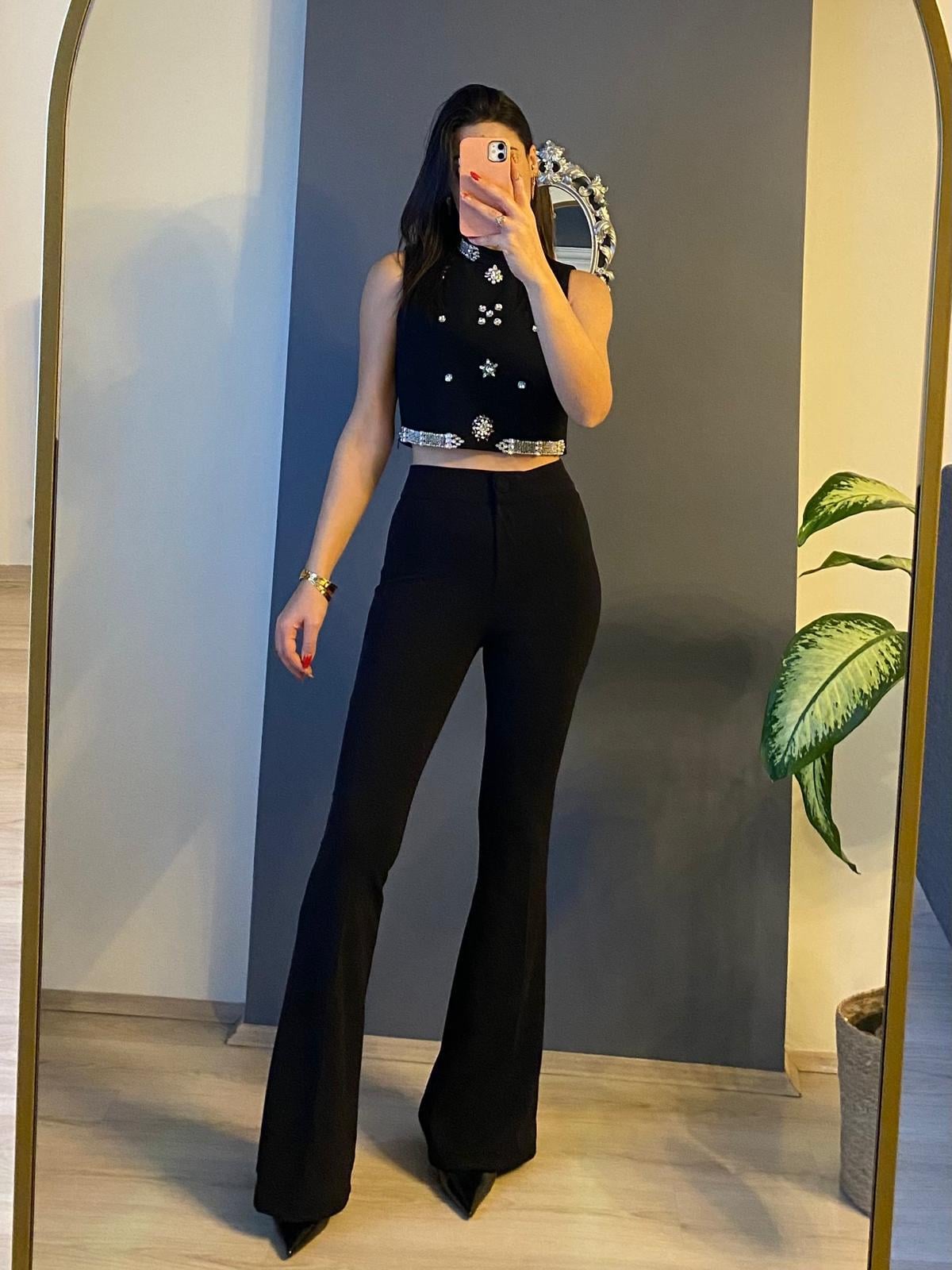 İSPANYOL PAÇA  KUMAŞ PANTALON-SİYAH