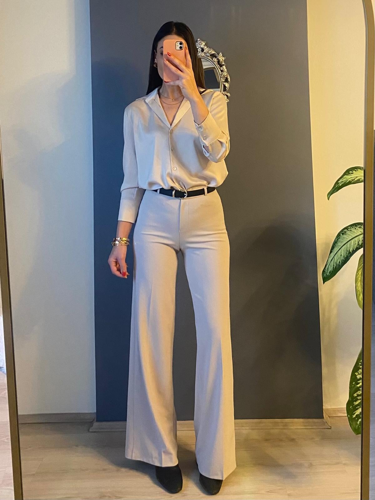 KEMERLİ BOL PAÇA PANTALON-TAŞ RENGİ