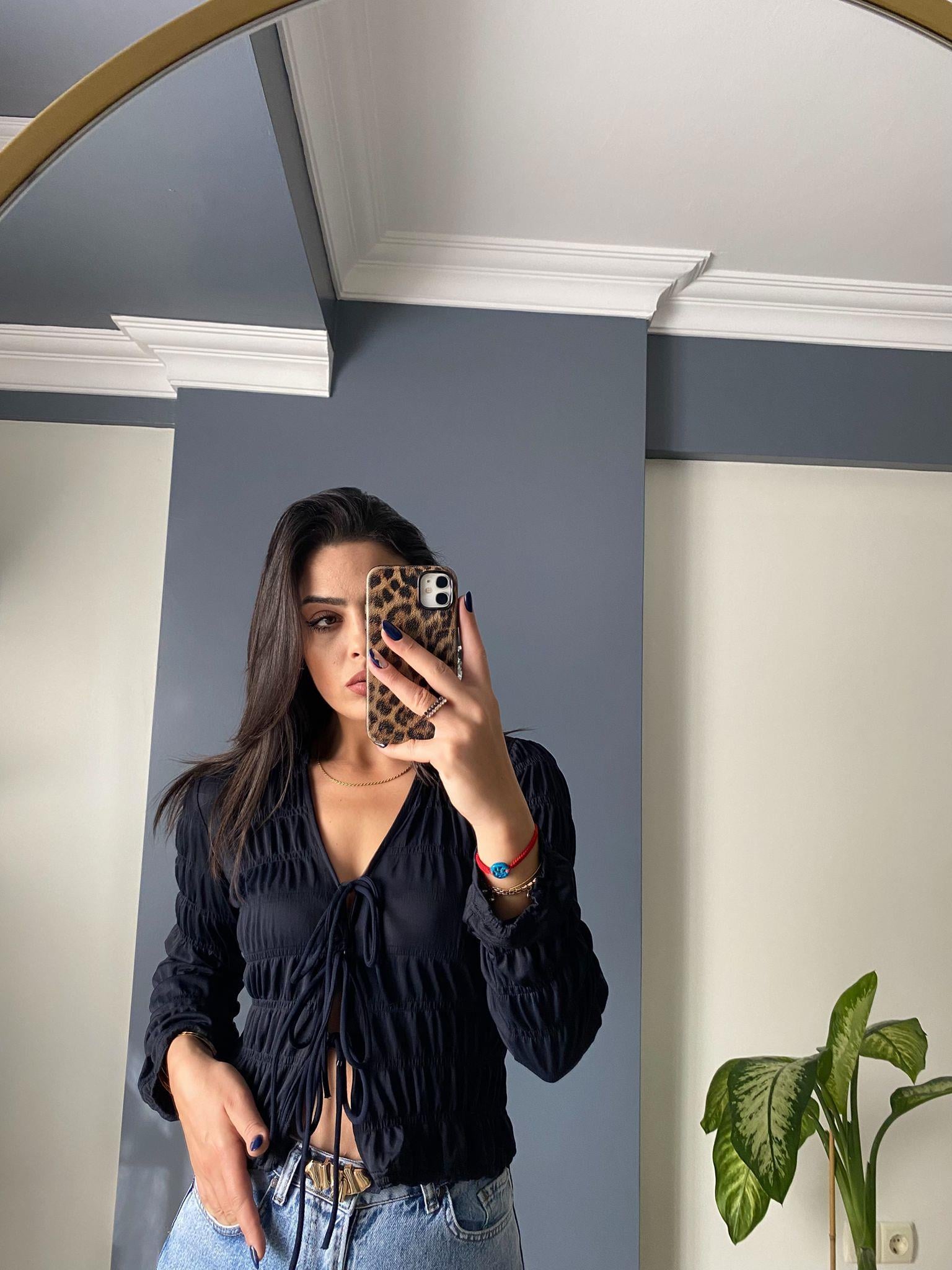 LACİVERT ÖN BAĞLAMALI BLUZ