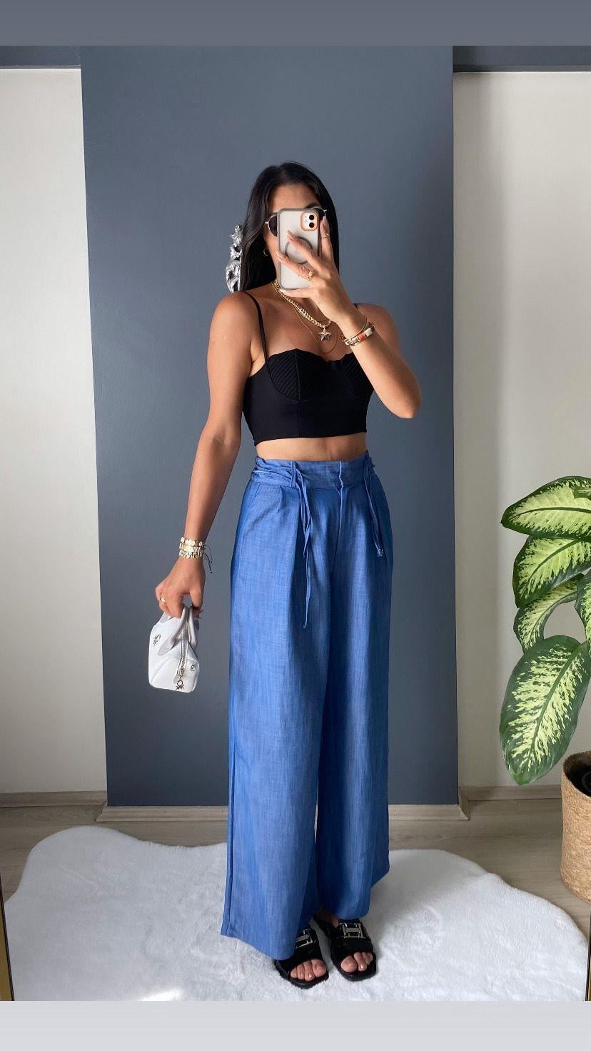 MAVİ TENSEL BOL  KESİM PANTALON