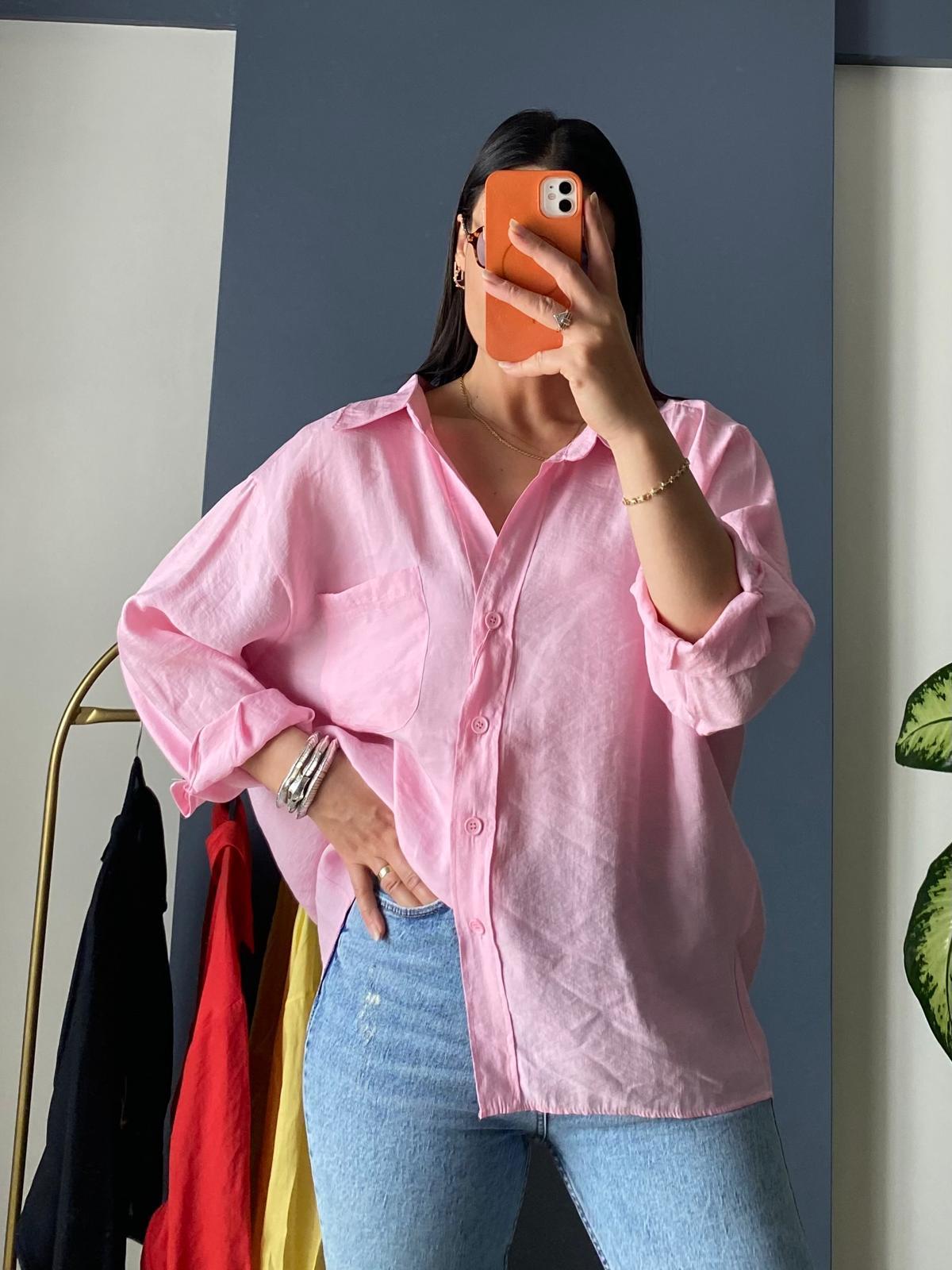 PEMBE DÜŞÜK OMUZ TENSEL GÖMLEK