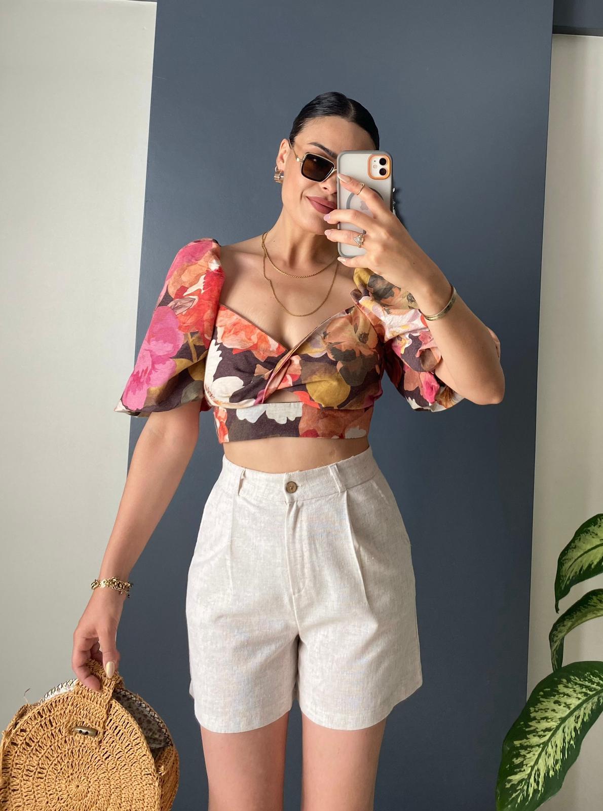 RENKLİ BALON KOL KETEN CROP