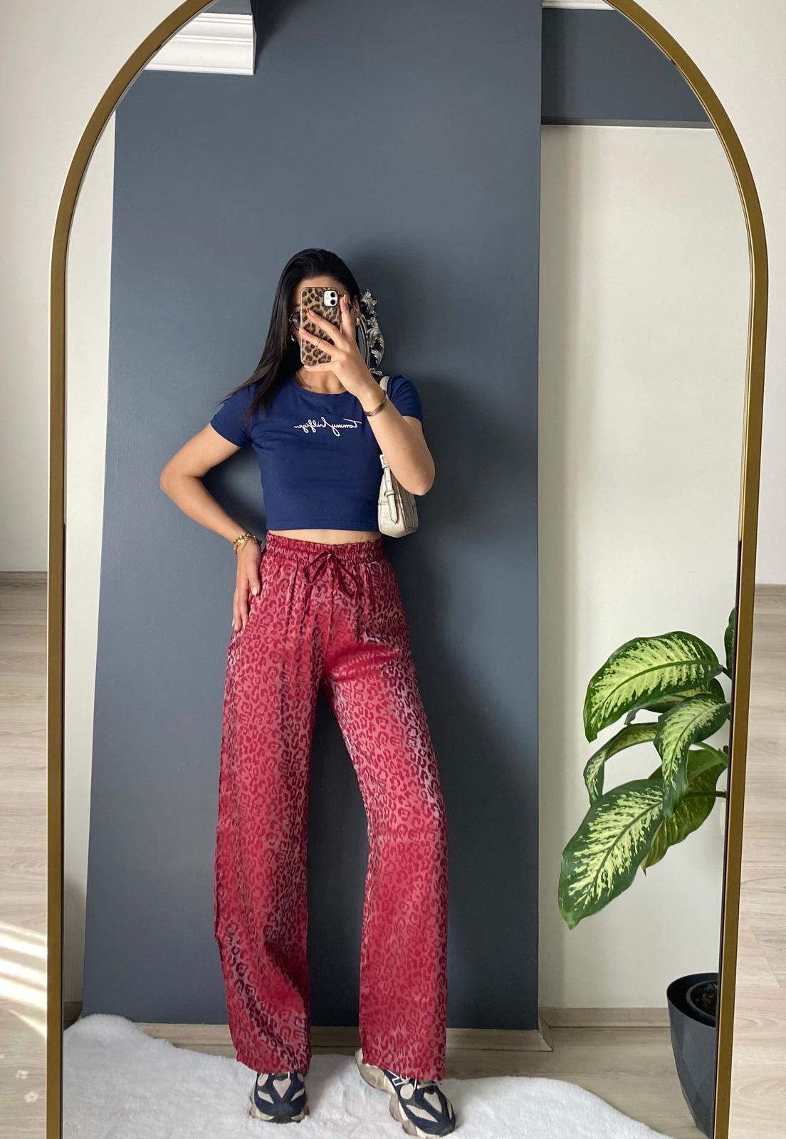 SATEN BORDO LEOPAR RAHAT PANTALON