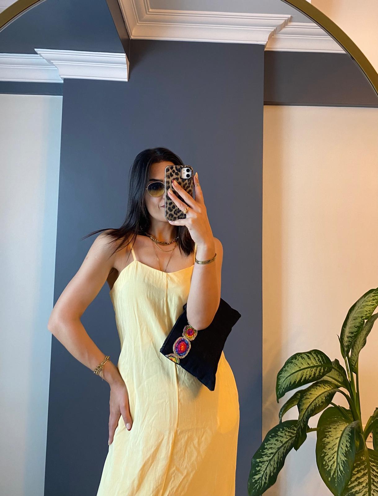 TENSEL KUMAŞ SARI ELBİSE