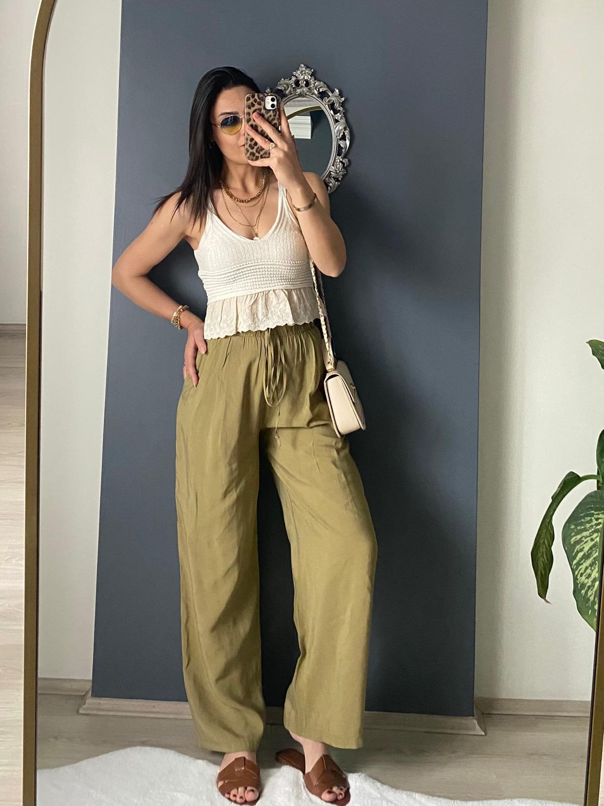 YAĞ YEŞİLİ TENSEL RAHAT PANTALON