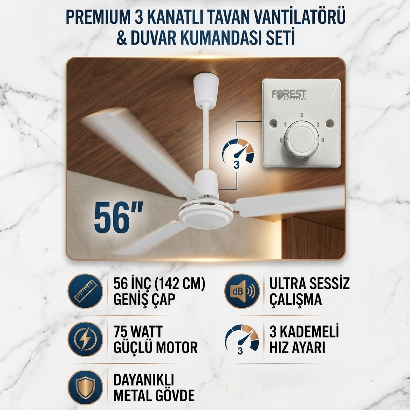 Forest 56” İnç 75W Sessiz Tavan Vantilatörü